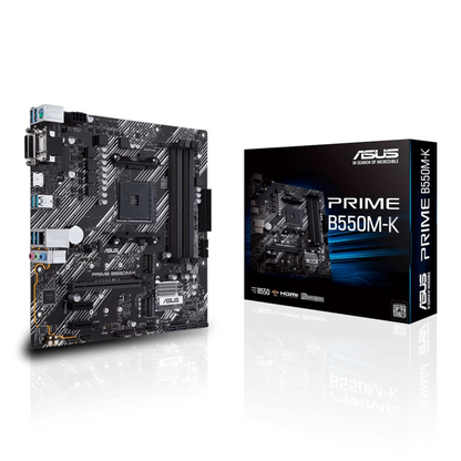 Pllakë Amë ASUS Prime AM4 B550M-K ARGB – AMD B550 mATX, Dual M.2, PCIe 4.0, Aura Sync